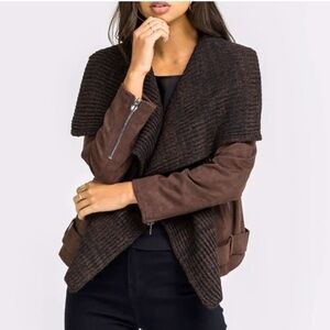 Lush Women’s Draped Faux Suede and Sweater Brown Open Front Moto Jacket Sz L